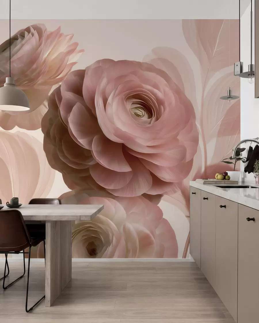 Fotobehang Volumineuze, poederroze ranonkelbloemen met doorschijnende bloemblaadjes in zachte roze en beige tinten w09998