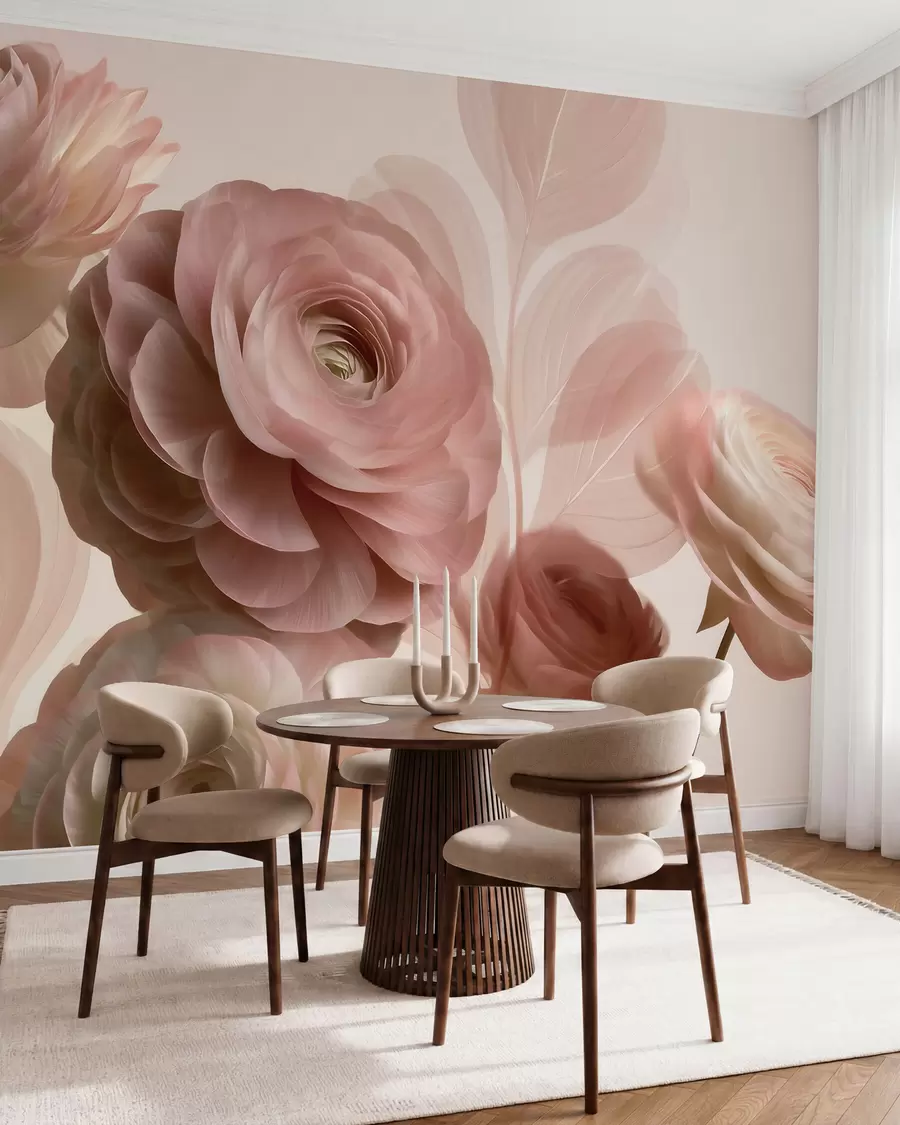 Fotobehang Volumineuze, poederroze ranonkelbloemen met doorschijnende bloemblaadjes in zachte roze en beige tinten w09998