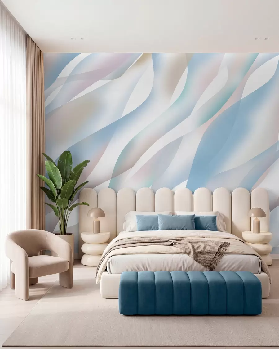 Fotobehang Abstracte golven in tinten blauw, roze en beige tegen een witte achtergrond w05758v1