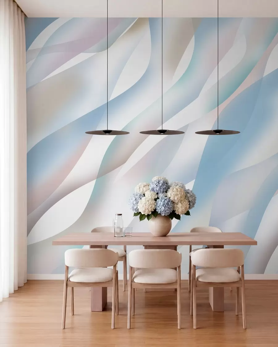 Fotobehang Abstracte golven in tinten blauw, roze en beige tegen een witte achtergrond w05758v1