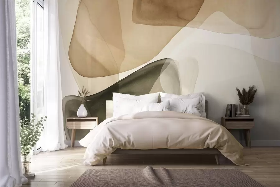 Fotobehang Abstracte vormen in beige- en groentinten, met een structuur en doorschijnende lagen w10022