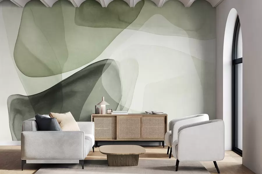 Fotobehang Abstracte vormen in groene tinten, met een gestructureerd, doorschijnend laagjeseffect w10022v2