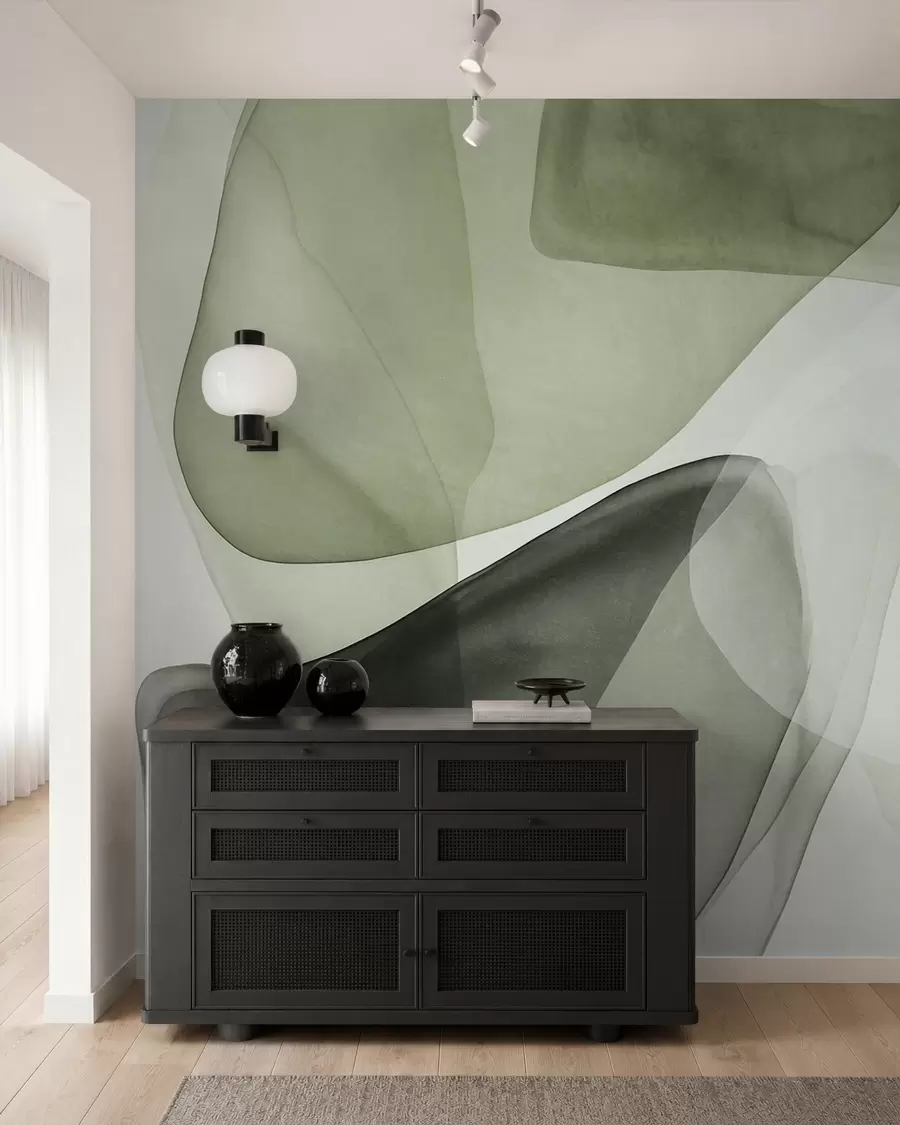 Fotobehang Abstracte vormen in groene tinten, met een gestructureerd, doorschijnend laagjeseffect w10022v2