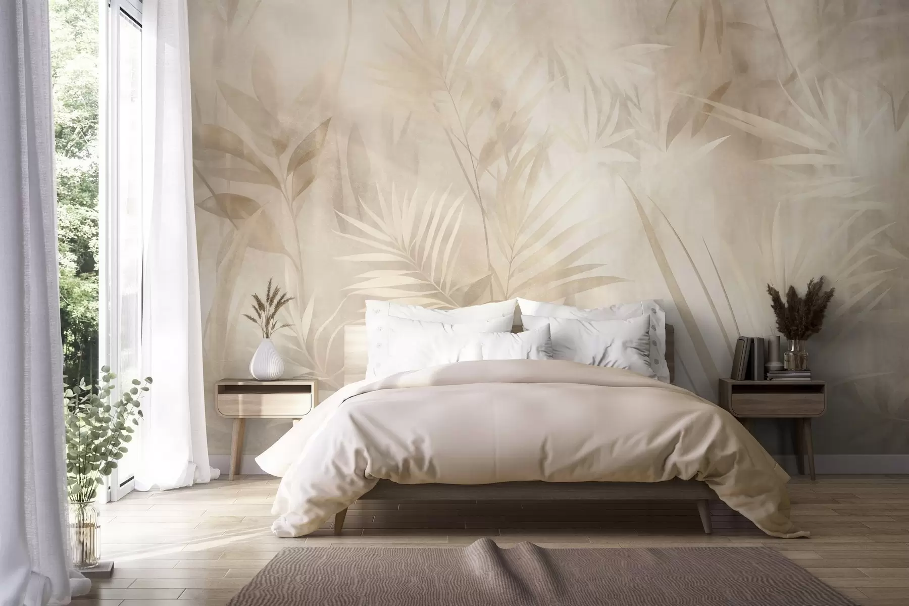 Fotobehang Palmbladeren in ingetogen beige- en crèmekleuren, tegen een zachte achtergrond van een tropisch oerwoud w10023