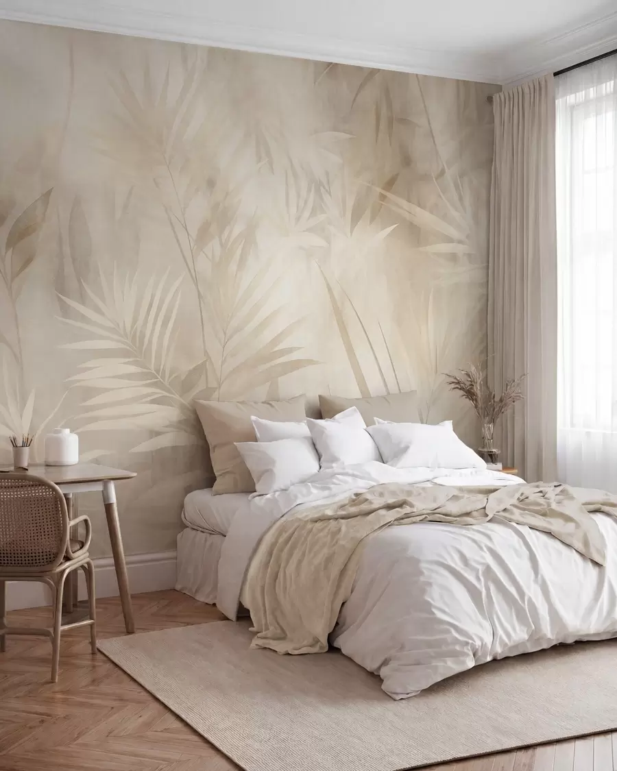 Fotobehang Palmbladeren in ingetogen beige- en crèmekleuren, tegen een zachte achtergrond van een tropisch oerwoud w10023