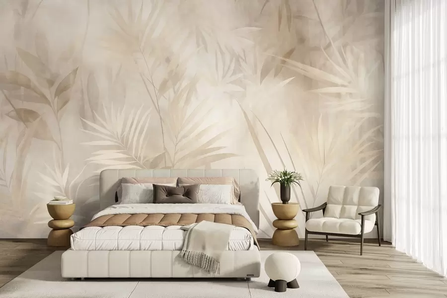 Fotobehang Palmbladeren in ingetogen beige- en crèmekleuren, tegen een zachte achtergrond van een tropisch oerwoud w10023
