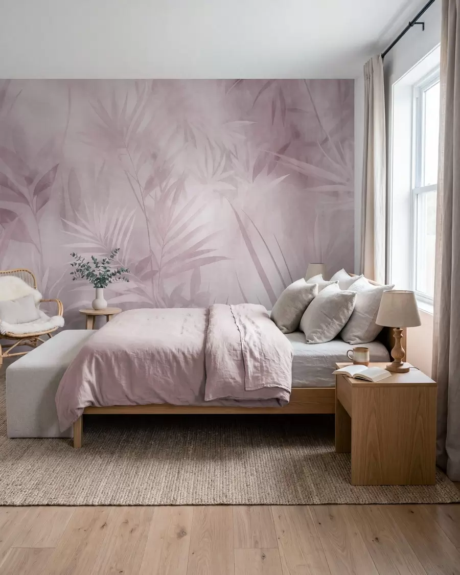 Fotobehang Palmbladeren in ingetogen roze tinten, tegen een zachte achtergrond, tropisch oerwoud w10023v3
