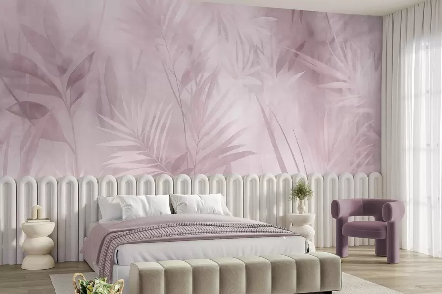 Fotobehang Palmbladeren in ingetogen roze tinten, tegen een zachte achtergrond, tropisch oerwoud w10023v3
