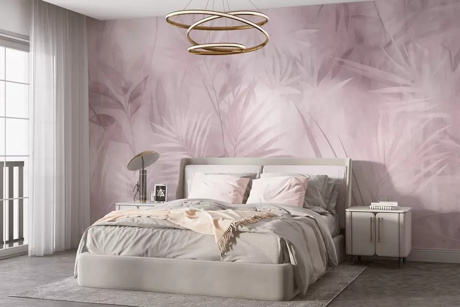 Fotobehang Palmbladeren in ingetogen roze tinten, tegen een zachte achtergrond, tropisch oerwoud w10023v3