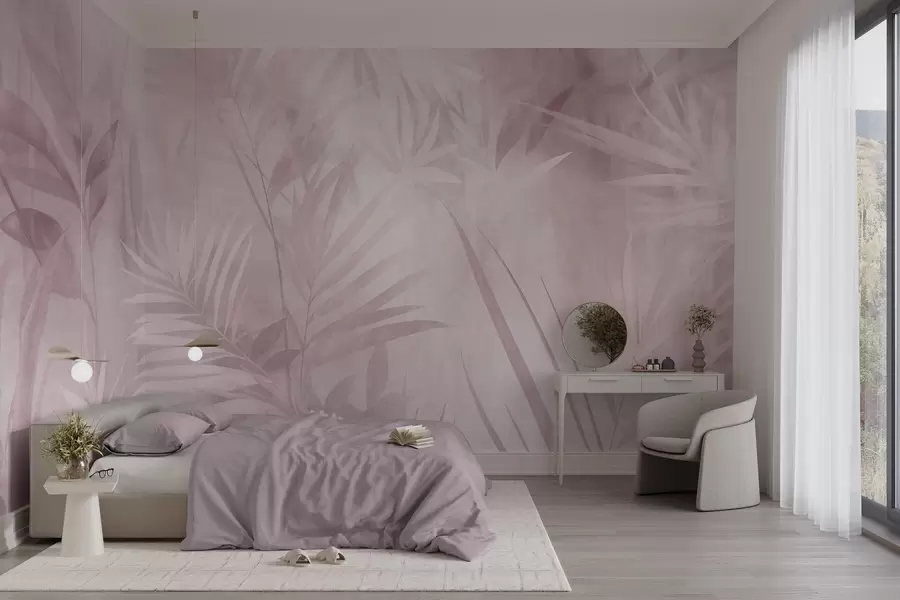 Fotobehang Palmbladeren in ingetogen roze tinten, tegen een zachte achtergrond, tropisch oerwoud w10023v3