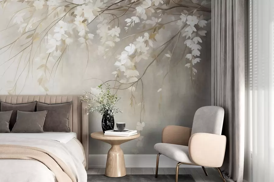 Fotobehang Een fijne kersenboomtak met witte bloesems en bladeren, in schilderstijl w10024