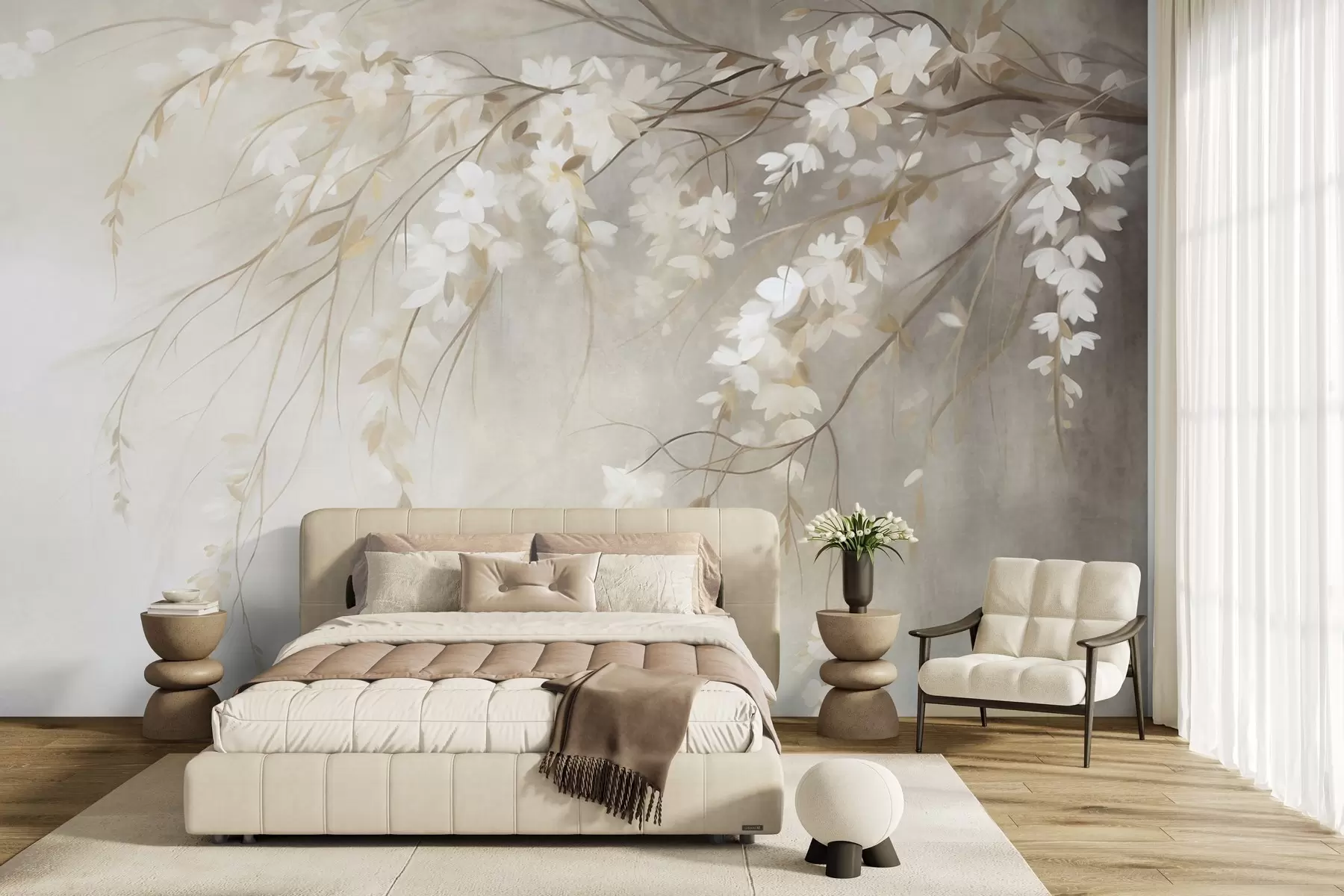 Fotobehang Een fijne kersenboomtak met witte bloesems en bladeren, in schilderstijl w10024
