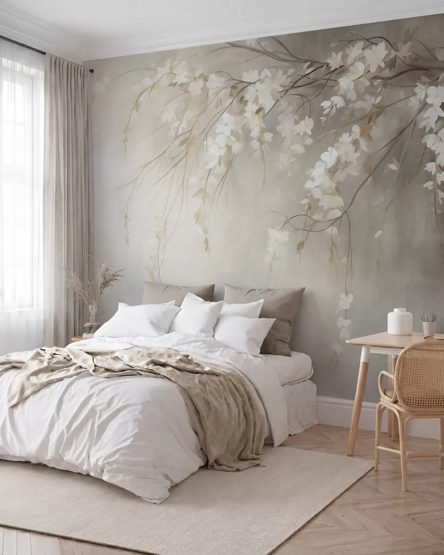 Fotobehang Een fijne kersenboomtak met witte bloesems en bladeren, in schilderstijl w10024