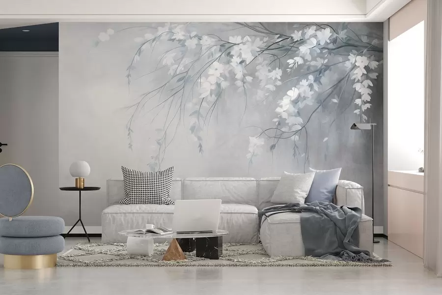 Fotobehang Een fijne kersenboomtak met witte bloesems en bladeren, in schilderstijl w10024v1
