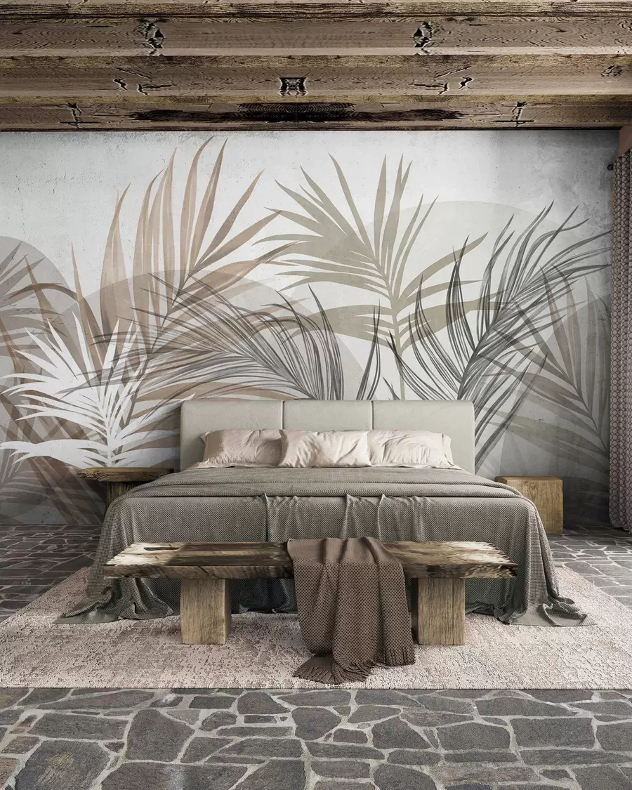 Fotobehang Palmbladeren in neutrale tinten beige, bruin en grijs, met abstracte vormen w10025