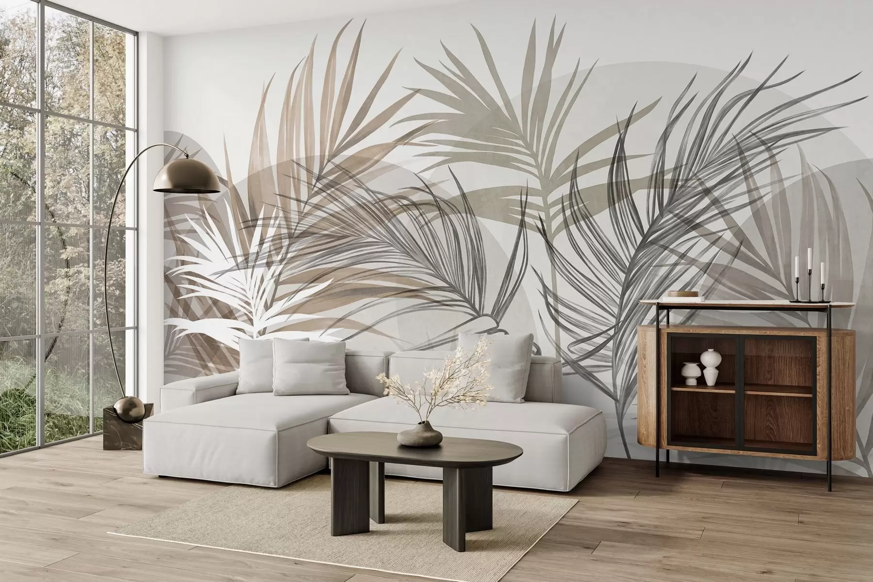 Fotobehang Palmbladeren in neutrale tinten beige, bruin en grijs, met abstracte vormen w10025