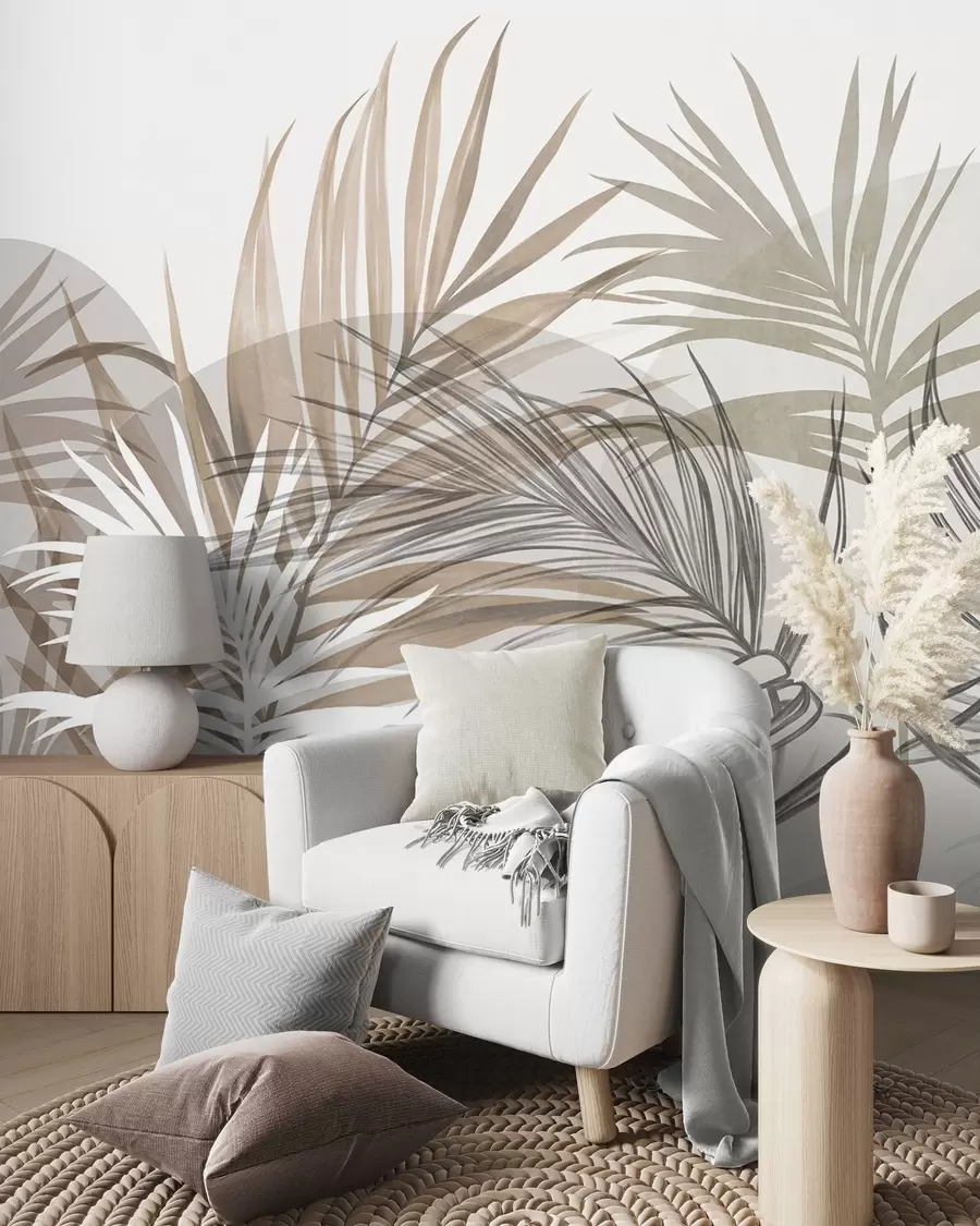 Fotobehang Palmbladeren in neutrale tinten beige, bruin en grijs, met abstracte vormen w10025