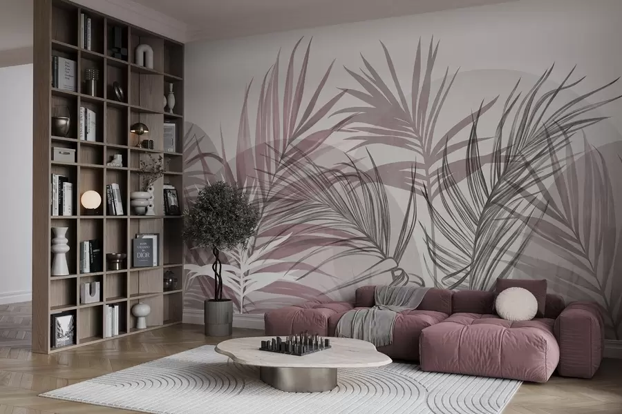 Fotobehang Palmbladeren in neutrale roze en grijze tinten, met abstracte vormen w10025v1