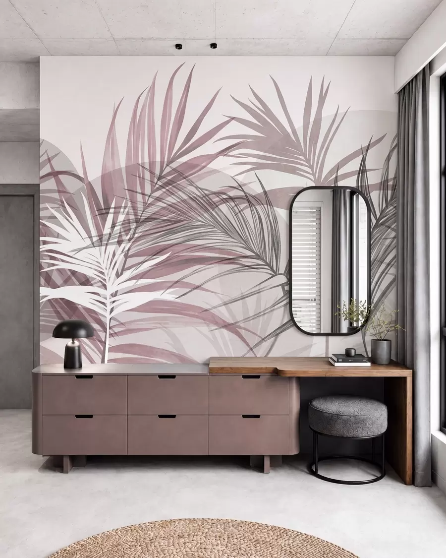 Fotobehang Palmbladeren in neutrale roze en grijze tinten, met abstracte vormen w10025v1