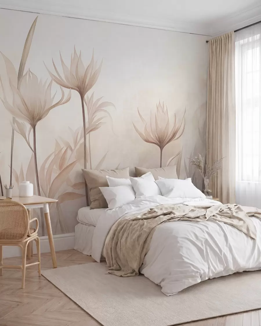 Fotobehang Getextureerde, doorschijnende bloemen in zachte perzik- en beige tinten, met lange stelen en bladeren w10028