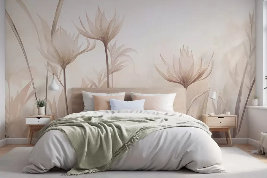 Fotobehang Getextureerde, doorschijnende bloemen in zachte perzik- en beige tinten, met lange stelen en bladeren w10028
