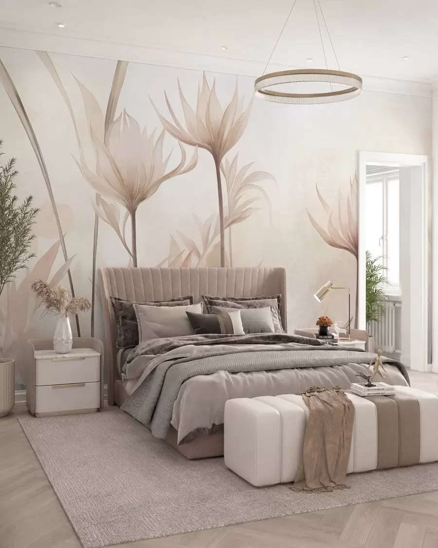 Fotobehang Getextureerde, doorschijnende bloemen in zachte perzik- en beige tinten, met lange stelen en bladeren w10028
