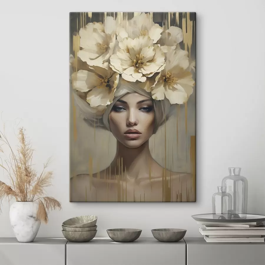  Schilderijen Abstracte vrouw met bloemen in haar haar, imitatie van een schilderij s50381