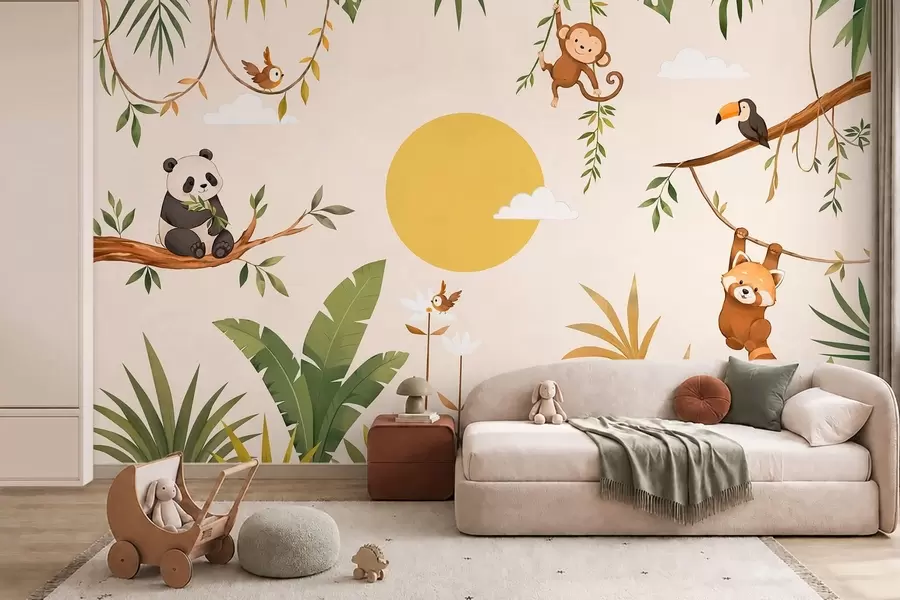Fotobehang Tropische dieren te midden van weelderig groen gebladerte w05865