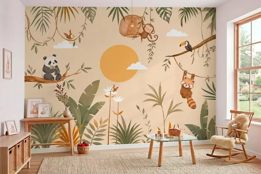 Fotobehang Tropische dieren, bladeren en zon tegen een warme achtergrond w05865v1