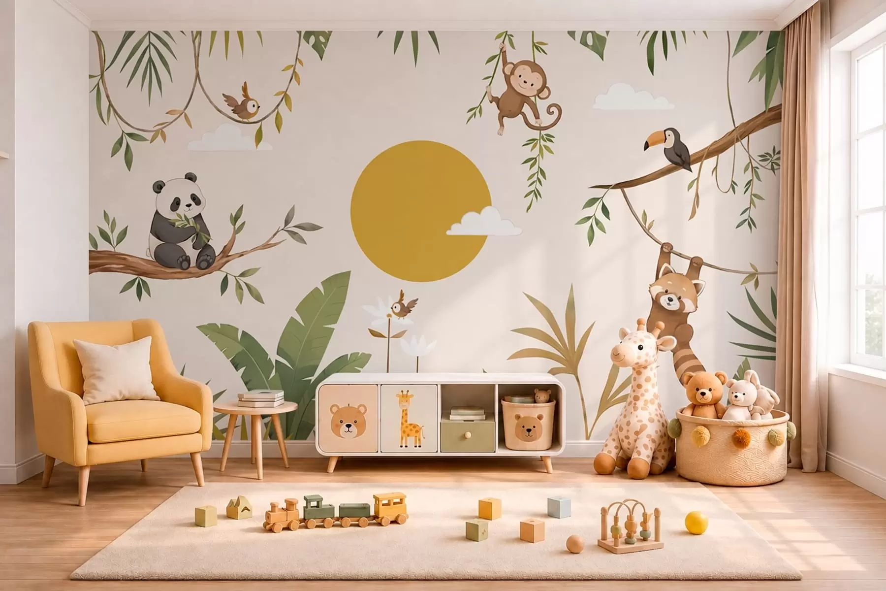 Fotobehang Tropische dieren tussen het gebladerte met een grote zon w05865v2
