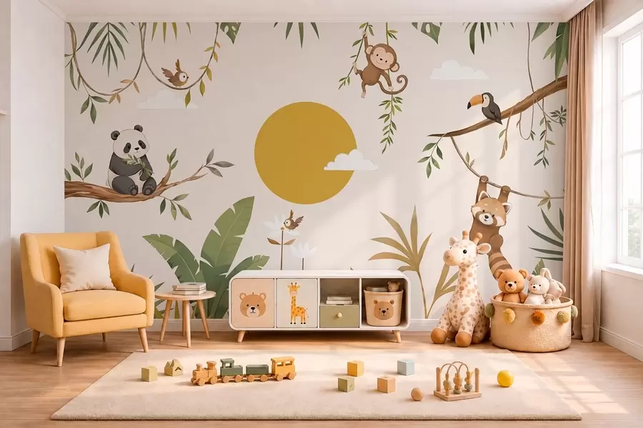 Fotobehang Tropische dieren tussen het gebladerte met een grote zon w05865v2
