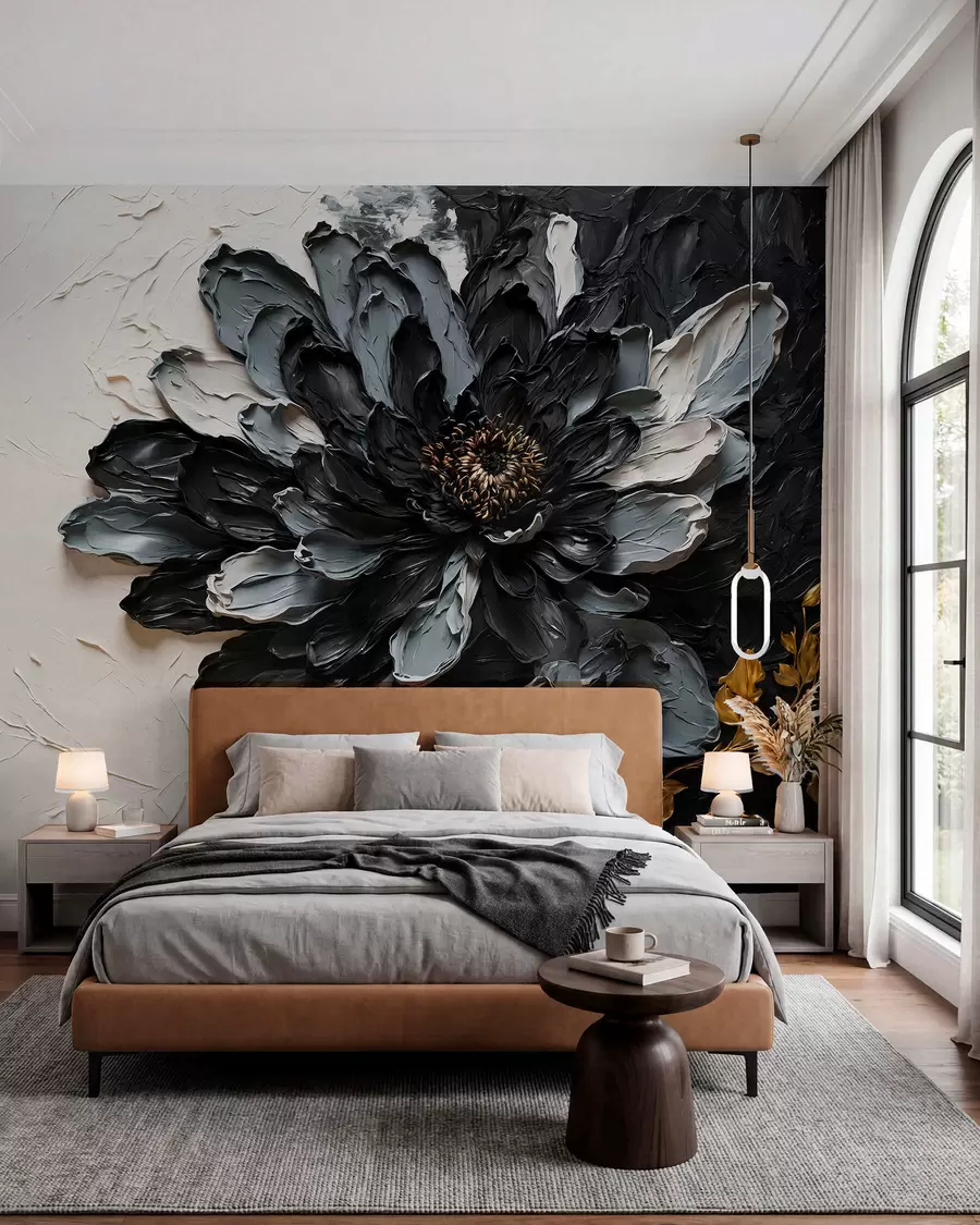 Fotobehang Zwarte en grijze bloem met reliëf en decoratieve takken w05883