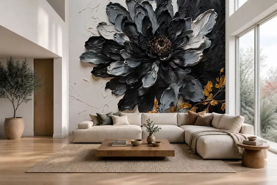 Fotobehang Zwarte en grijze bloem met reliëf en decoratieve takken w05883