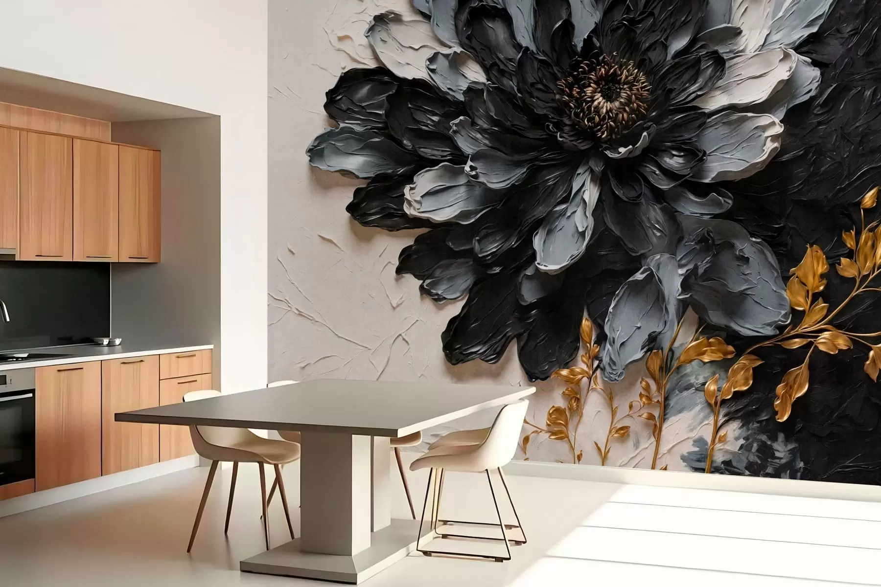 Fotobehang Zwarte en grijze bloem met reliëf en decoratieve takken w05883