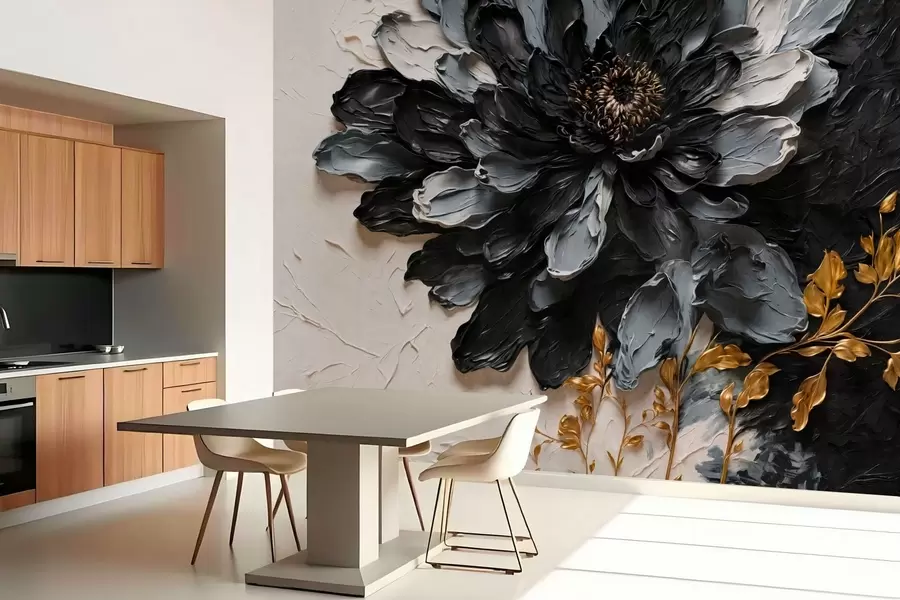 Fotobehang Zwarte en grijze bloem met reliëf en decoratieve takken w05883