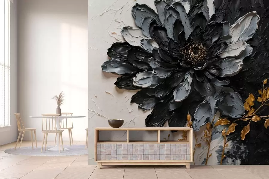 Fotobehang Zwarte en grijze bloem met reliëf en decoratieve takken w05883
