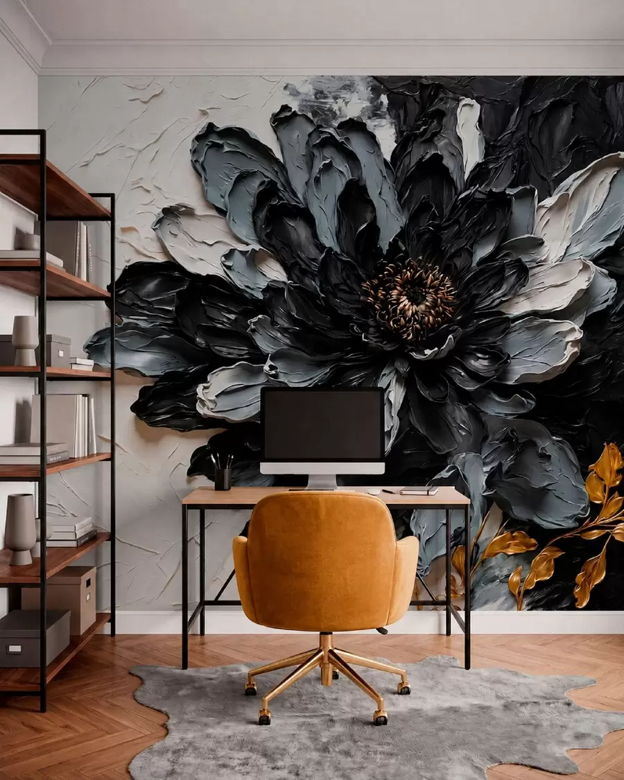 Fotobehang Zwarte en grijze bloem met reliëf en decoratieve takken w05883