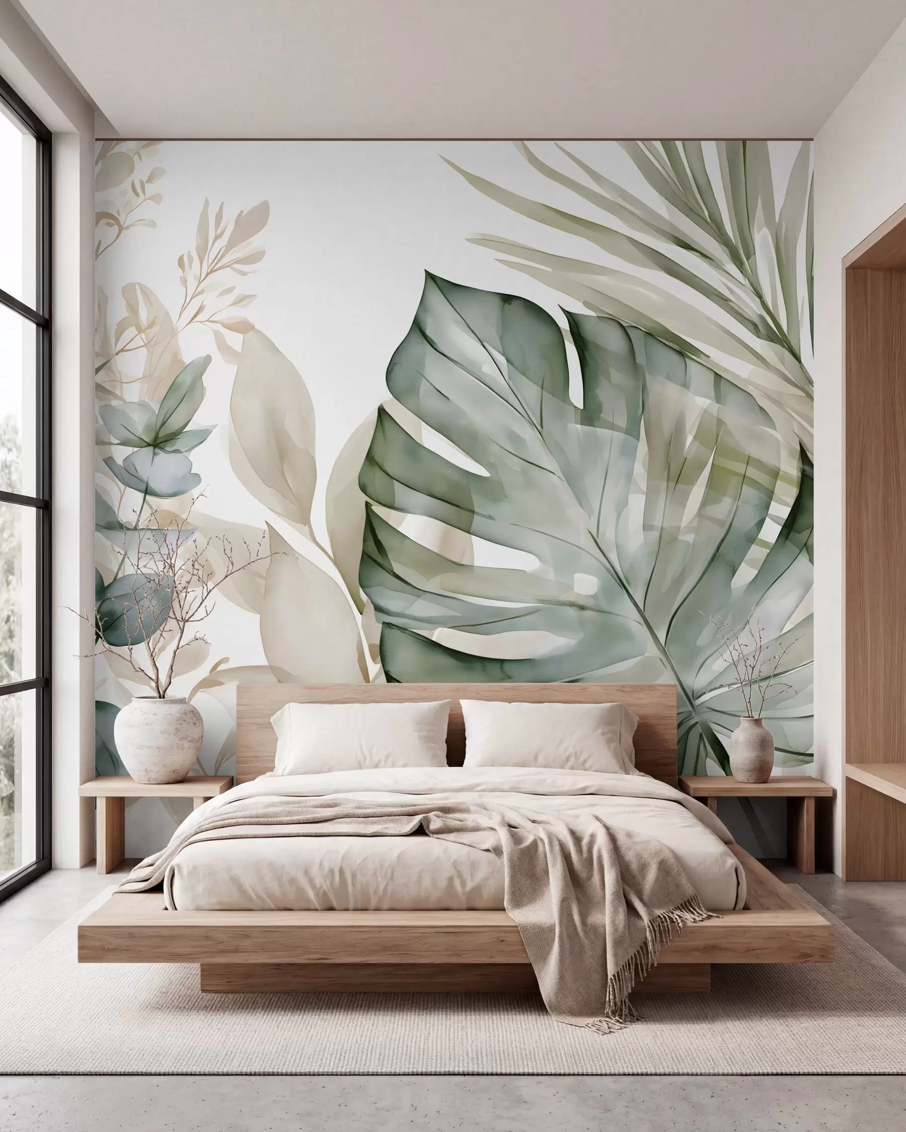 Fotobehang Grote tropische bladeren in aquarelstijl w05867