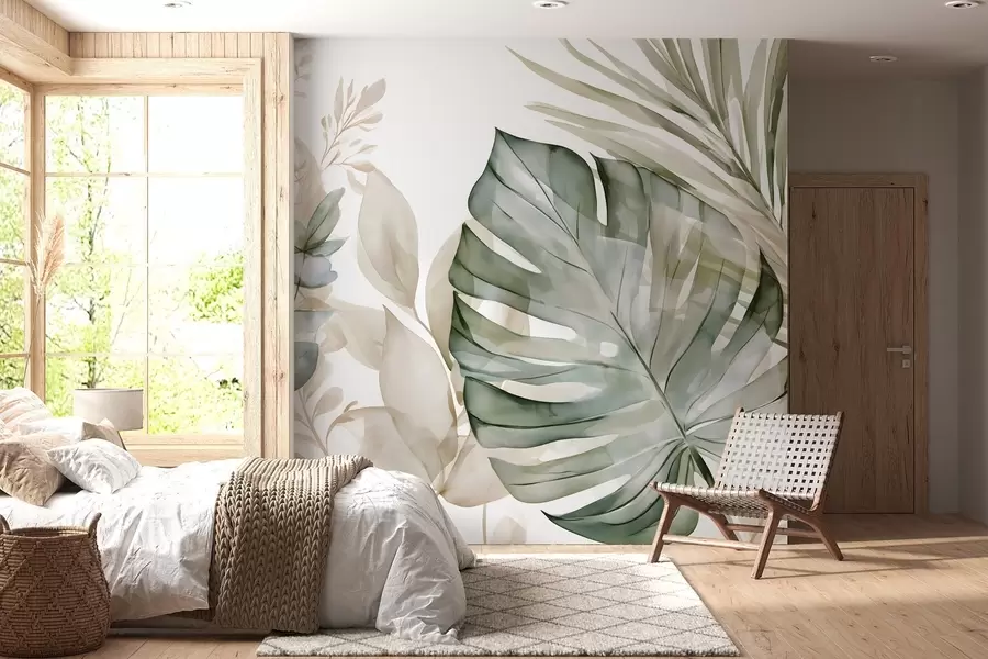 Fotobehang Grote tropische bladeren in aquarelstijl w05867