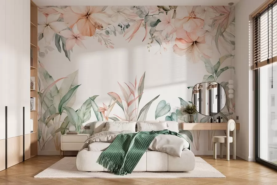 Fotobehang Een tropische compositie van bloemen en planten in aquarelstijl, in delicate tinten w05870