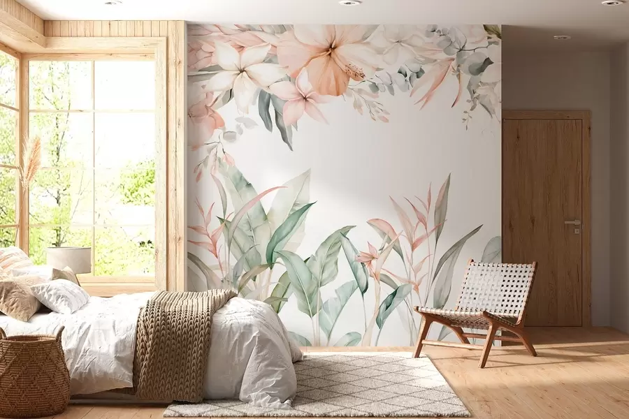 Fotobehang Een tropische compositie van bloemen en planten in aquarelstijl, in delicate tinten w05870