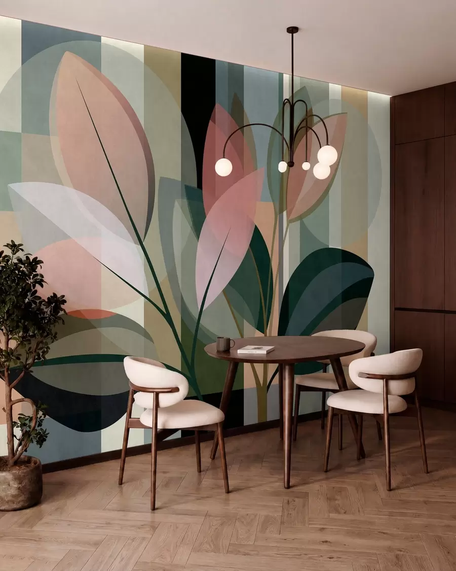 Fotobehang Een stijlvol abstract kunstwerk met planten als motief w05871