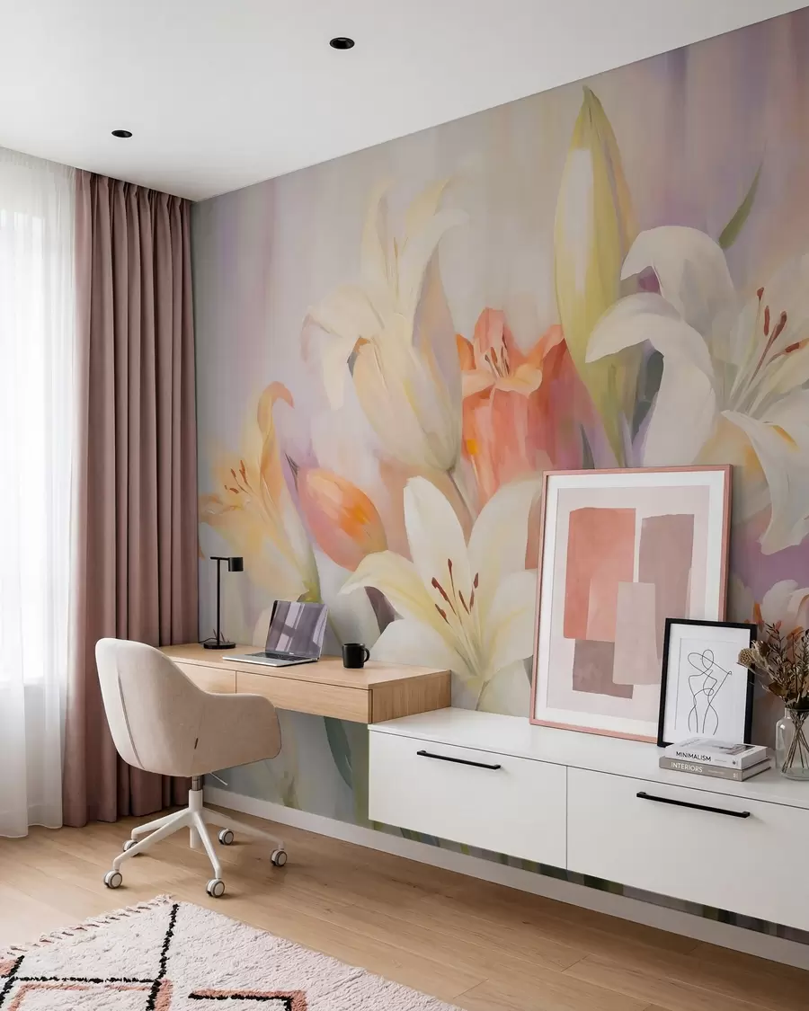 Fotobehang Abstracte lelies, imitatie van een schilderij w05878