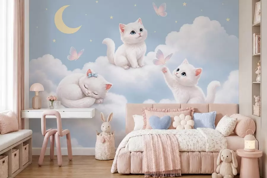 Fotobehang Schattige katjes met vlinders tussen de wolken w05841