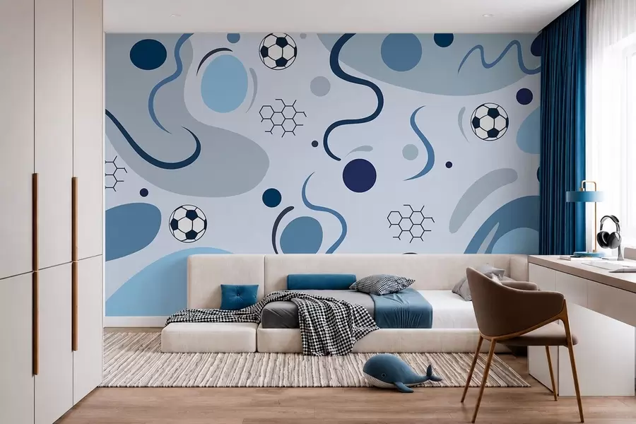 Fotobehang Kleurrijke abstracte vormen, voetballen en diagrammen w05142