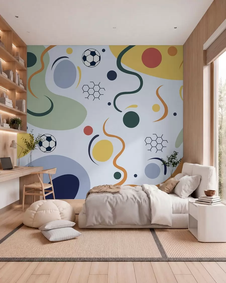 Fotobehang Abstracte vormen, voetballen, lijnen en cirkels w05142v2