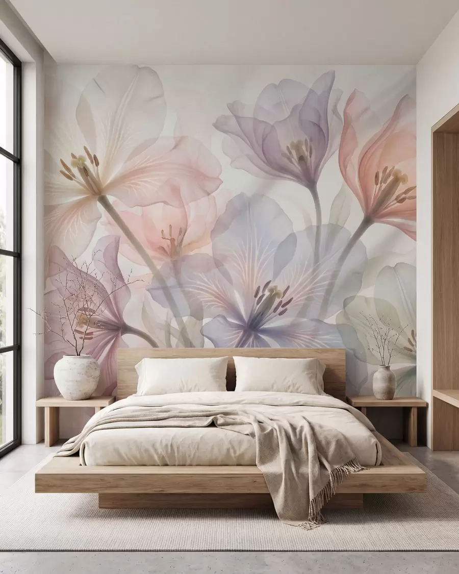 Fotobehang Fijne, doorschijnende bloemen in pasteltinten, in aquarelstijl w09999