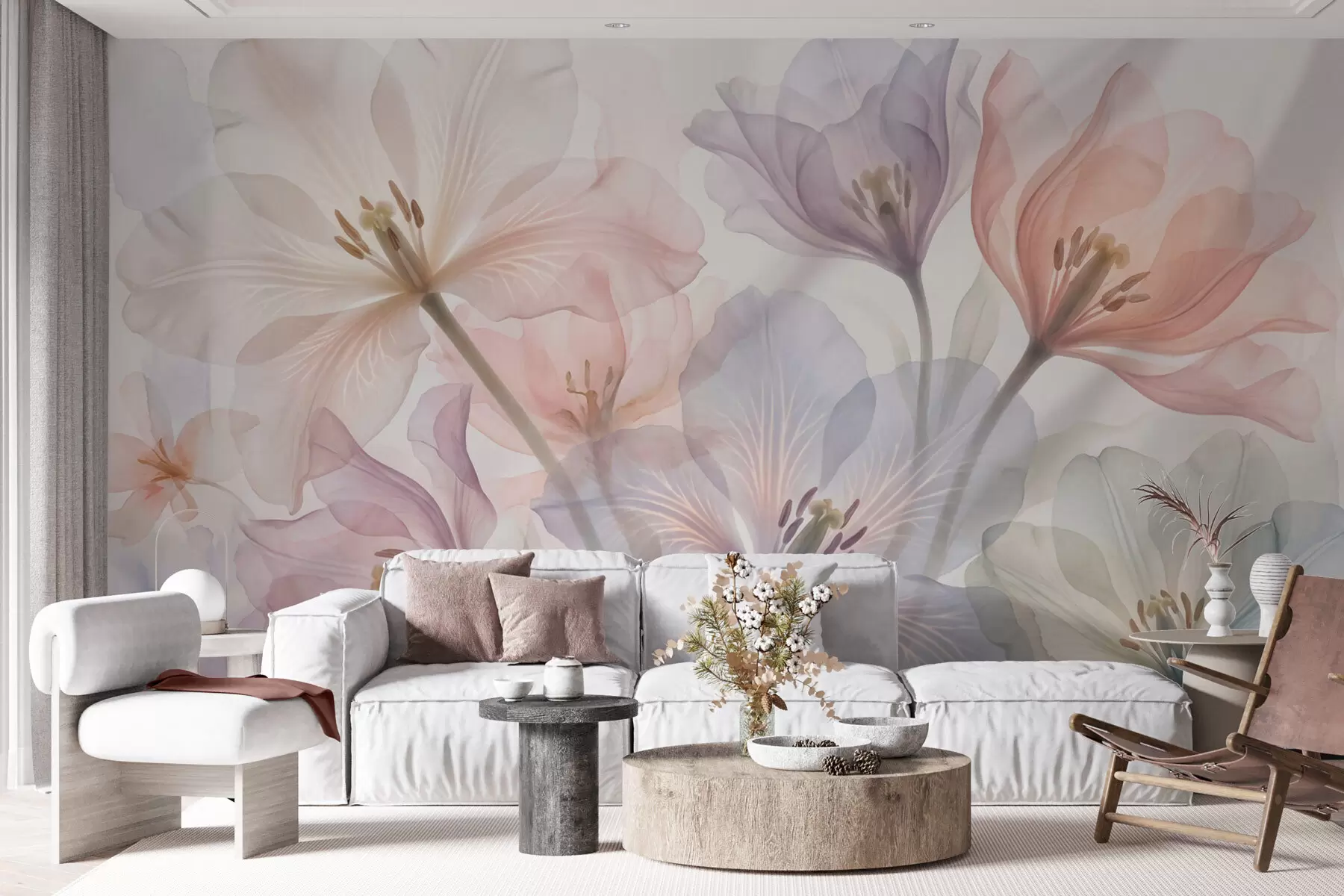 Fotobehang Fijne, doorschijnende bloemen in pasteltinten, in aquarelstijl w09999