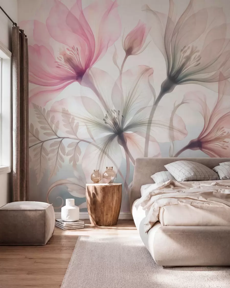 Fotobehang Verfijnde bloemen in pastelroze en -blauwe tinten, in aquarelstijl w10009