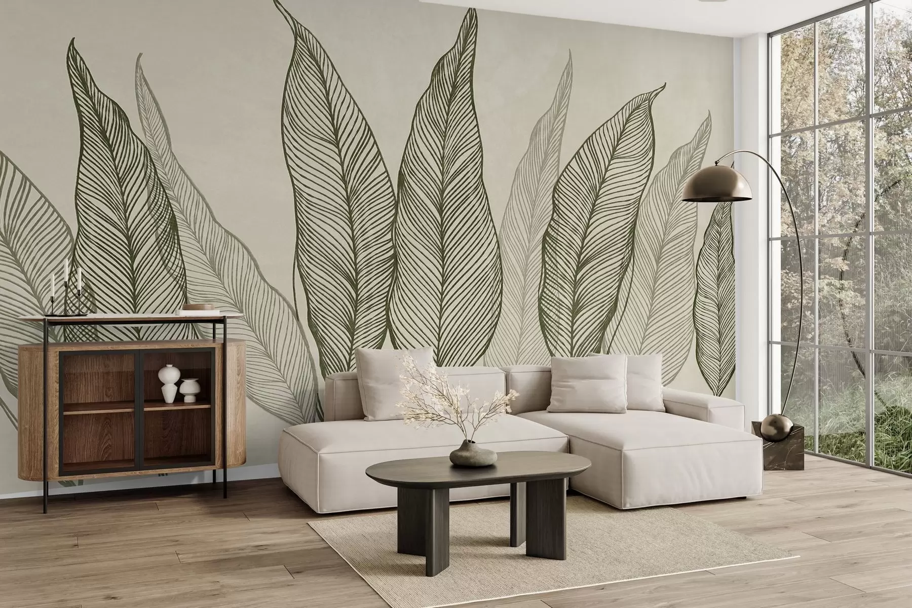 Fotobehang Gestileerde groene bladeren met gedetailleerde lijndetails op een beige achtergrond, kunstwerk met textuur w10030